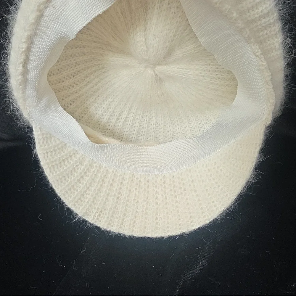 White Angora Nylon Knit Newsboy Hat Solid Women's One Size RN 7008